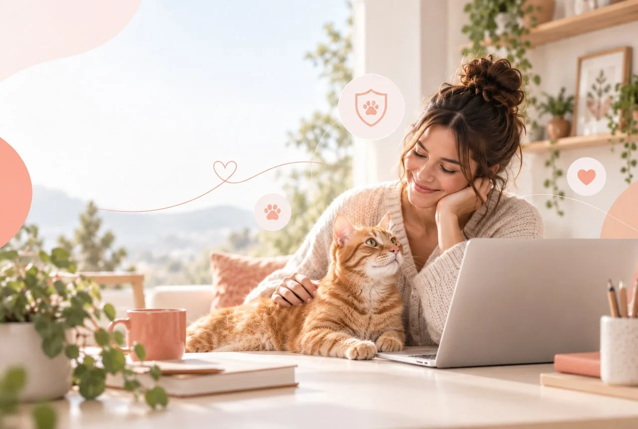 Owner using a laptop beside a cat in a bright home setting